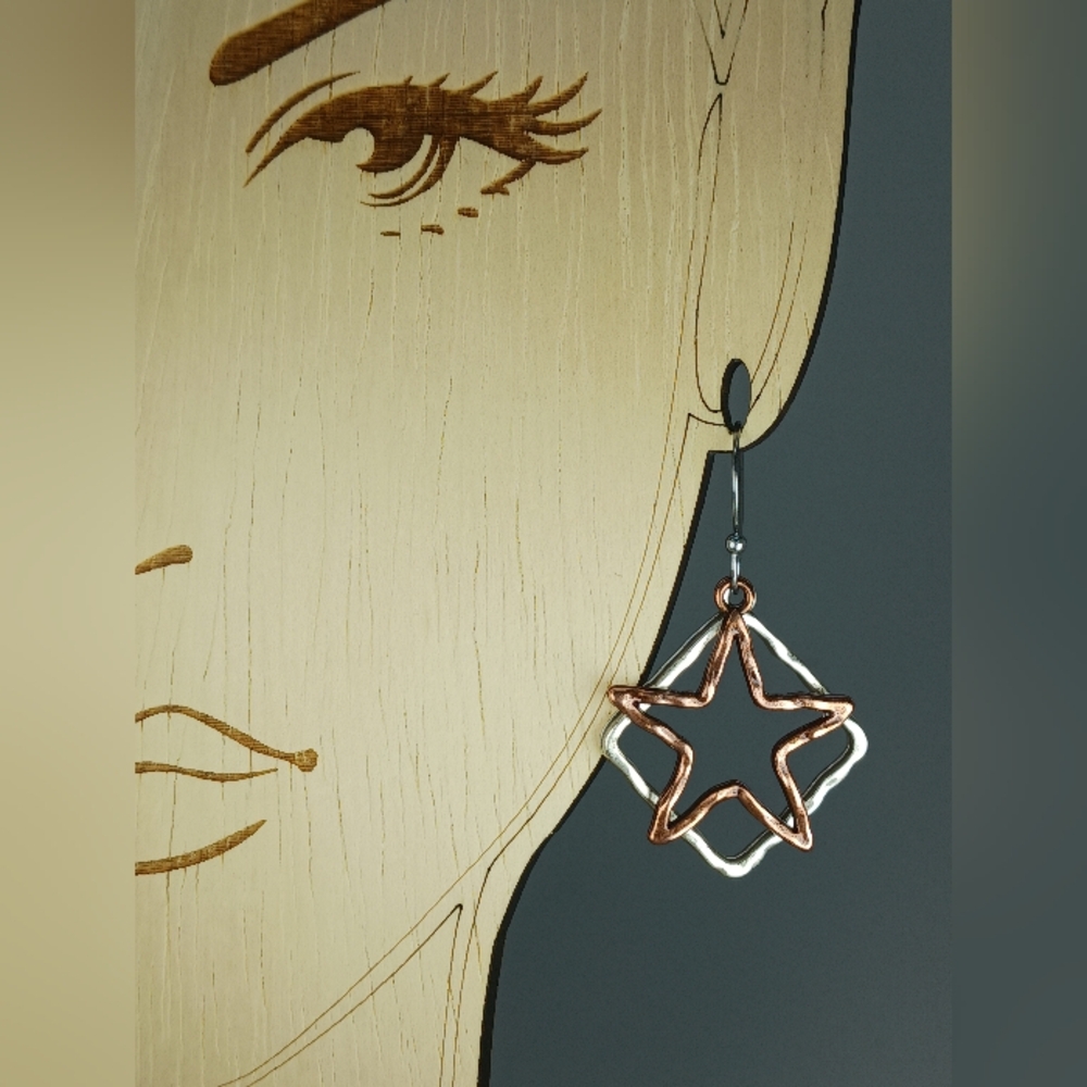 HAND CRAFTED EARRINGS Boho Celestial Copper Star Silver Mixed Metal Dangle Drop - Picture 5 of 6